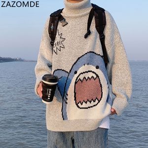 Мужские свитера Zazomde Мужчины водолазки Shark Sweater 2023 Winter Patchwor Harajuku Korean Style High Sheam Негабаритная серая водолазки для 230826