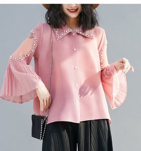 Sexy verano moda de gran tamaño Color sólido perlas rebordear manga larga acampanada blusa plisada Tops mujeres sueltas camisas altas elásticas 2024