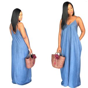 Casual Kleider 2023 Frauen Dame Boho Backless Damen Baggy Denim Jeans Maxi Kleid Lose Trägerlosen Vestidos S-XXXL