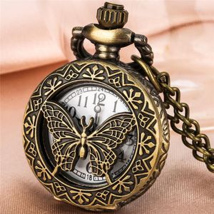 Relógios de bolso bronze oco borboleta meia capa homens mulheres relógio analógico de quartzo colar corrente número árabe relógio relógio