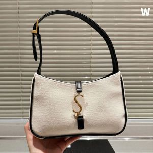 Women Designer Medium Two-tone Patchwork Canvas Underarm Bag with Adjustable Leather Strap Gold Letters Metal Hardware Shoulder Handbag Daily Luxury Purse 25cm