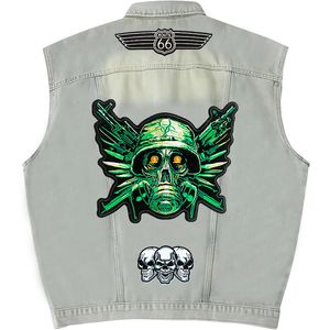 Männer Westen Kurze Lose Männer Denim Weste Motorrad Weste Stickerei Patches Ärmellose Cowboy Jacke Club Reiten Punk Veste 230826