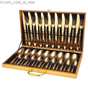 Retro ouro talheres conjunto de luxo completo talheres estilo europeu aço inoxidável colher garfo bife faca louça caixa presente q230828