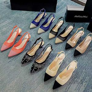 Summer Women's Dress Sandals Fashion Contrast Color Pointed High Heel Princess Pet Up Breattable Mesh Sticked Temperament Shoes 2024 T230828 AE0BA