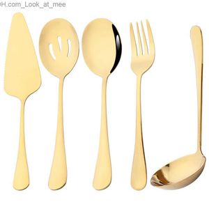 5Pcs Gold Dinnerware Set Stainless Steel Cutlery Serving Utensils Buffet Catering Serving Colander Spoons Fork Silverware Set Q230828
