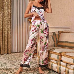 Домашняя одежда женская пижама Sling Sexy Lingerie Seeping Satin Selk Sexy Sexy Beeparebear Pajams Print Print Кружевая пижама набор домашних брюк костюмы R230828