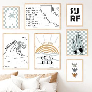 Dipinto su tela Linee minimaliste Shaka Hands Surf Longboard Waves Poster e stampe Wall Art Bambini Camera da letto Sala giochi Soggiorno Decor Regalo Immagini a parete Senza cornice Wo6