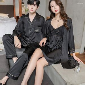 Pijamas femininos casal preto cetim pijama imitação de seda manga longa pijama masculino casa wear