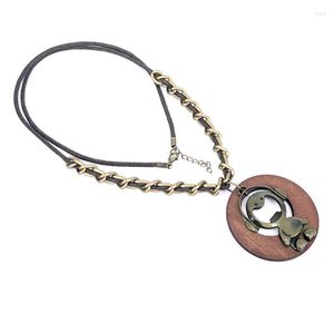 Pendant Necklaces Antique Vintage Long Rope Chain Necklace Wooden Bronze Alloy Robot Pendants Neckless Cord Jewelry Accessories