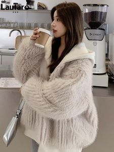 Womens Fur Faux Lautaro Outono Inverno Solto Casual Peludo Shaggy Macio Casaco Quente Mulheres com Capuz Manga Longa Zipper Moda Coreana 230828