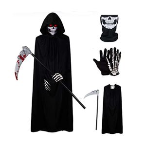 Costume horror di Halloween per adulti Giochi di ruolo Attacchi mortali Maschera di teschio Guanti di osso sottile Falce della morte Abito da fantasma Costume di scena per feste di carnevale