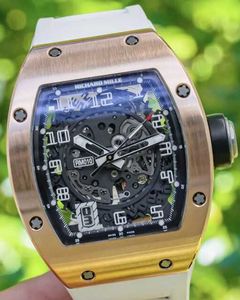 Zegarki męskie Richrd Mileres Designer Tourbillon Automatyczne mechaniczne zegarek na rękę Szwajcarskie 010 Rose Gold Boxes White Guma Wdrażanie automatyczne RM010 XMYGF