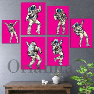 Dancing Astronauts Poster Print Funny Pop Colour Canvas Painting Modular Picture Wall Art For Home Girl Boy Bedroom Living Room Bar Decor No Frame Wo6