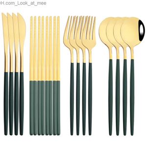 12-16Pcs Chopsticks Knife Fork Spoon Cutlery Set Green Gold Dinnerware Set Luxury Stainless Steel Flatware Korean Tableware Set Q230828