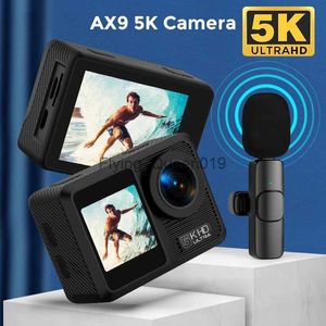 Ny utomhus AX9 5K Sportkamera 4K 60FPS EIS Video Action Cameras 24MP med trådlös mikrofonpekskärm Remote Control HKD230828