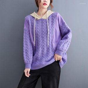 Kvinnors tröjor 2023 Vintertröja överdimensionerade kvinnor stickade sweetshirts koreanska huva avslappnad plusstorlek 4xl 5xl lila