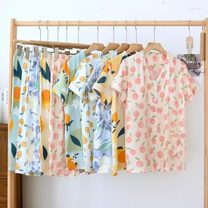 女性用スリープウェア短袖ショーツパジャマスーツ薄いクールコットンホームウェアウーマンマルチカラー印刷Pajama Pour femme