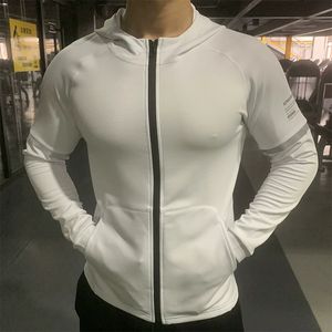 Herrtröjor tröjor män Autumn Sports blixtlås som kör fitness elastisk hoody manlig långärmare jackor med huva tjocka rockar vita 230826