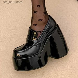 Skórzane wysokie czarne obcasy platformowe Pumpy oryginalna sukienka dla kobiet wiosenne letnie kliny mokasyna imprezowe buty zwykłe panie T230828 459
