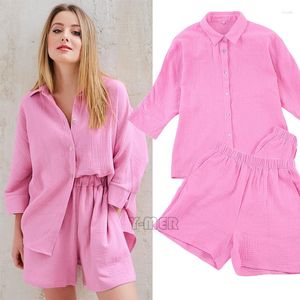 Kvinnors sömnkläder 2023 Autumn Pyjamas Suit Solid Cotton Homewear Women Fashion Shirtshorts Kvinnliga byxor Elastiska midja loungekläder