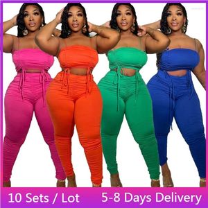 Frauen Zweiteilige Hosen Großhandel Artikel Geraffte Set Frauen Kordelzug Spaghetti Strap Crop Top Hose 4XL Casual Bandage Sommer 2 Outfit