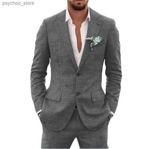 Slub bomullslinne passande tyg full herrdräkt lapel krage enbröd 2-bitar set elegant man kostymer högkvalitativ blazer Q230828