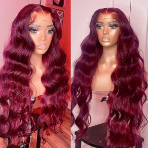 99J Burgundy Body Wave Human Hair Lace Wigs 13x4 13x6 Transparent Lace Front Wine Red Brazilian Baby Wigs 28 30 32 34inch