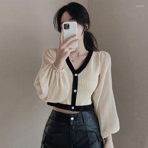 Kobiety swetry jesienne zima kobiety szyfon biskup rękaw zbirowy sweter knit v szyja pull femme szczupły y2k urocze koszulki pullover top ubrania