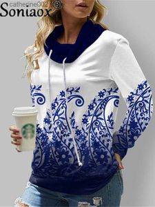 여자 후드 땀 촬영 셔츠 새로운 꽃 프린트 터틀넥 드로우 스트링 풀 오버 여성 가을 ​​패션 롱 슬리브 격자 무늬 스트리트웨어 2021 T230828