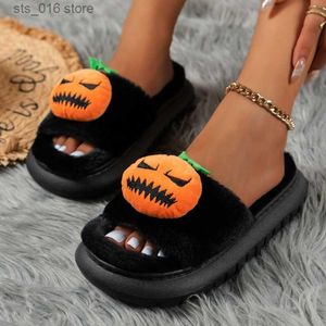 Halloween Single Band Pumpkinhead Winter New Women Slipper Soft Heel Platform Fur Warm Indoor Lady Open Toe Fluffy Home f4ae