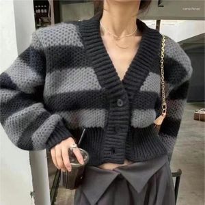 Women's Knits Vintage Contrast V Grey Striped Sweaters Korean Moda Crop Top Long Sleeve Knitted Cardigan Winter Y2k Streetwear Pull Femme