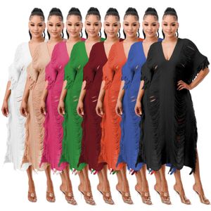 Sweater Tassel Dresses Women Sexy V-neck Hallow Out Knitted Long Dress Free Ship