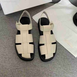 the row High Finalized The * row Roman Sandals Women's Knitted Hollow Out Flat Sole Genuine Leather Fisherman's Shoes Thick Sole Pig Cage Shoes 4R6L KZYS