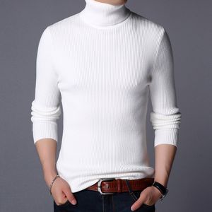 Suéter masculino tfetters outono inverno pulôveres de malha com nervuras homens manga comprida cor sólida casual gola alta trabalho stretch top 230828