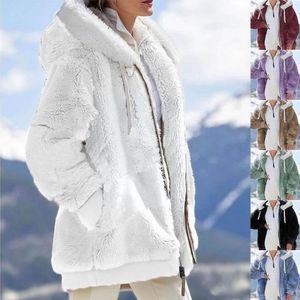 Pelliccia da donna finta invernale peluche maglione con cappuccio cerniera autunno sciolto e cappotto da donna caldo capispalla L6c6 230828