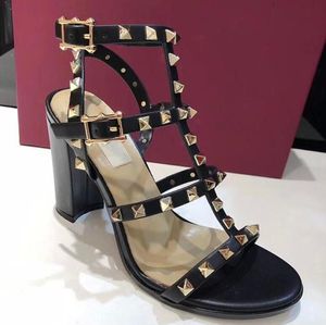 Women Leather Stud Sandals Platform Sandals Summer High Heels Rivets Shoes Genuine Leather Ladies Sexy Party Shoes 9.5cm