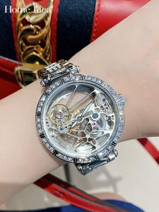 Bilek saatleri moda içi boş out tasarım lüks rhinestone bayanlar bilek saat mekanik kol saati kadın çelik bant saatleri