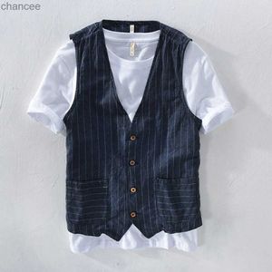 Mens Vest Linen Cotton Blended V Neck Striped Retro Cardigan Collarless Vest For Daily Casual Male Waistcoat Clothing 2021 HKD230828