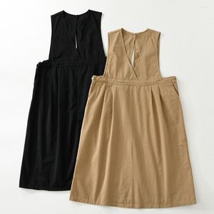 Günlük elbiseler büyük boy pamuk elastik bel tunik kargo siyah elbise 2023 kadın minimalist Amerikan retro vintage müjde safari genel