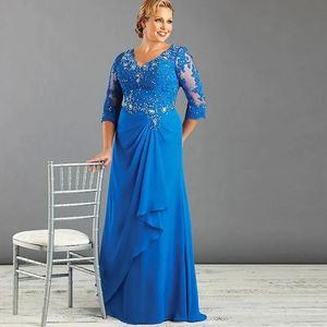 Royal Blue Plus Size Mother of the Bride Dresses Half ärmar A-line V-ringning Mor till brudgum Dress golvlängd Chiffon Aftonklänningar Robe de Mariee Prom Dress