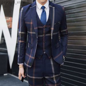 Мужской британский стиль Slim Fit Blazer 3 Piece Set Set Bants Pants Vats High Comen Craiters Men's Plaid Gentleman Suit 2023 Брюки Q230828