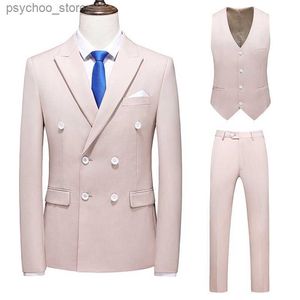 3 datorer Set Suit Jacket Pants Vest / Fashion Men's Casual Boutique Double Breasted Solid Color Blazers Coat Trousers Waistcoat Q230828