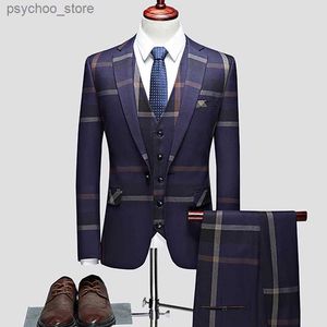 3 datorer kostymer Set Coat Vest Pants / 2023 Fashion Men's Casual Boutique Business Plaid Slim Formal Dress Blazers Jacka Waistcoat Q230828