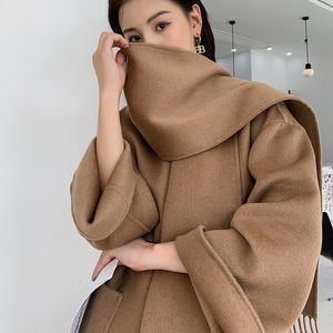 Womans Toteme Scarf Collar Double-sided Wool Coat Medium Length Lace Up Wool Coat Scarf Coat Autumn and Winter Warm Designer Jackets Womens 204