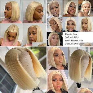 Человеческие парики волос 4х4 закрытие кружева блондинка Боб парик Реми Прямой короткая средняя часть доставки продукты Virgin DH3MF