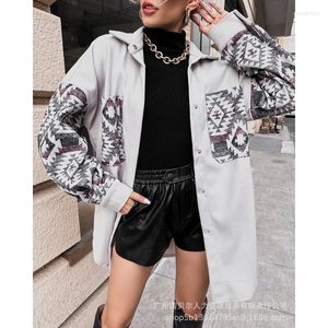 Women's Jackets Wepbel Printed Patchwork Wool Coat Outwear Fashion Vintage Women Autumn Tribal Print Patch Pocket Long Sleeve Shacket