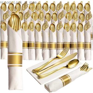 10Sets Pre rolled Napkin Cutlery Set Disposable Wrapped Silverware Set Gold Rolled Plastic Tableware Set for Party Wedding Q230829