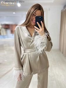 Dwuczęściowe spodnie dla kobiet Clagive Causal Lose Fit Suit Autumn Fashion Khaki Satynowe spodnie Zestaw Elegancki koronkowy kombinezon z długim rękawem Dwuczęściowy zestaw dla kobiet T230828