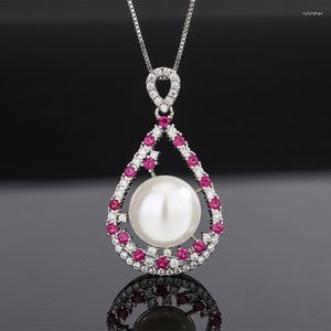 ペンダントネックレスEyika Luxury Women Bridal Jewelry 14mm Pearl Hollow Water Drop Lecklace Blue Green Rose Red Zircon Delice