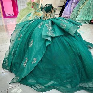 Emerald Green Shiny Ball Gown Quinceanera Dresses Corset Applique Beaded Formal Prom Graduation Gowns Lace Up Princess Sweet 15